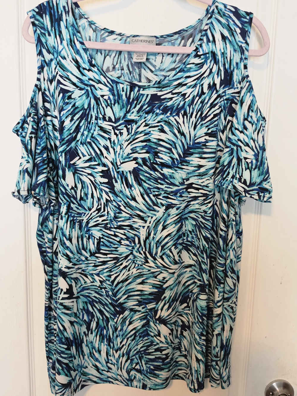 Catherines Blue Teal Print Cold-Shoulder Women's Top